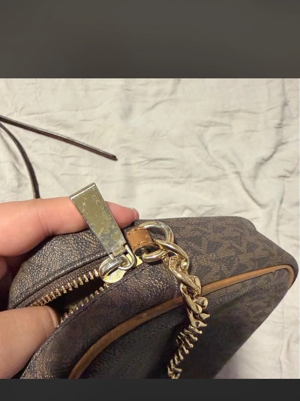 Michael Kors Dark Brown MK Logo Satchel with Gold Plaque